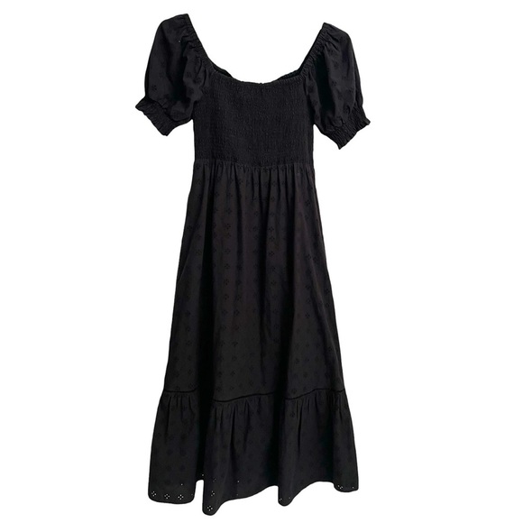 Lost + Wander's La Luna Smocked Bodice Black Cotton Eyelet Maxi Dress Medium - Picture 7 of 7